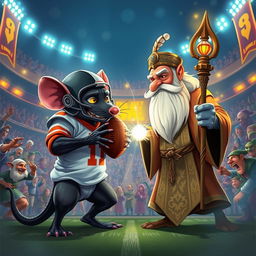 An animated fantasy football showdown poster featuring a black rat and a guru facing off