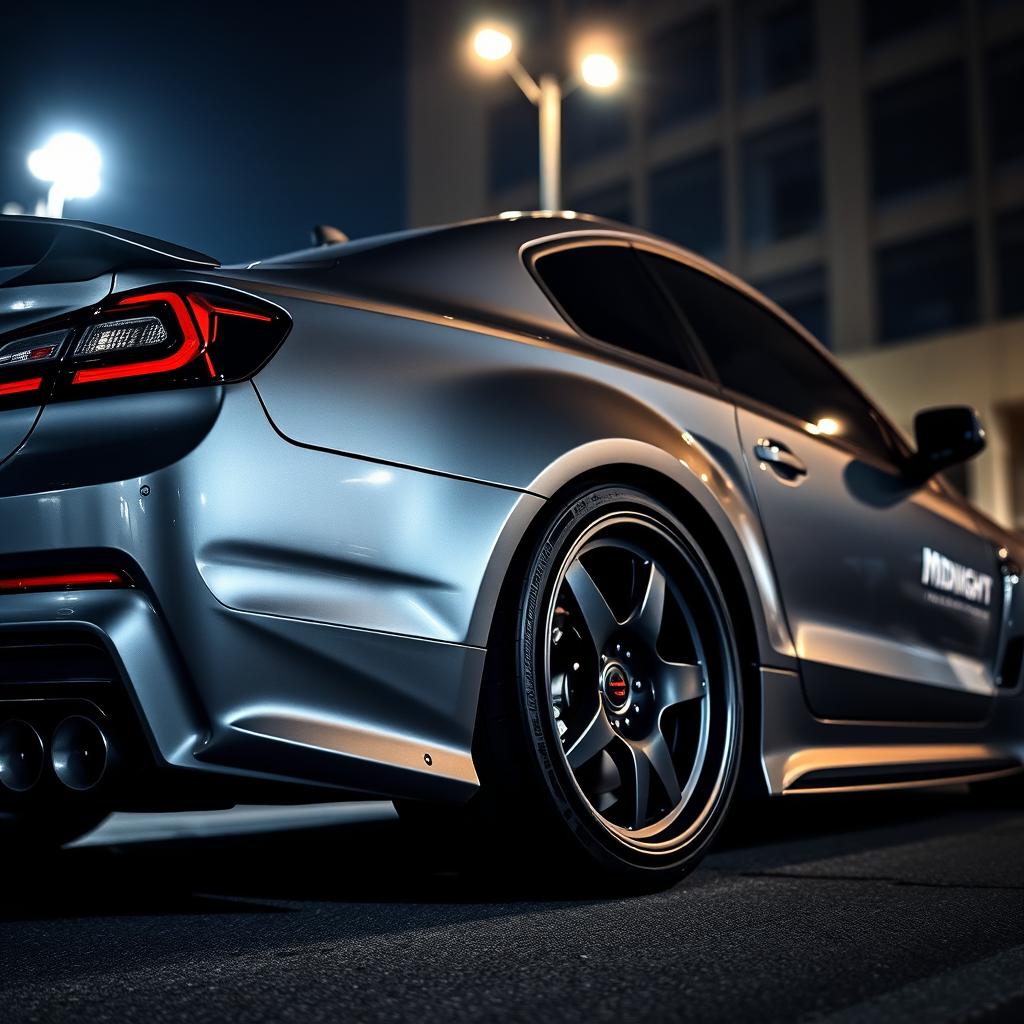 A high-performance car with sleek coilovers, showcasing the Midnight TM brand logo prominently