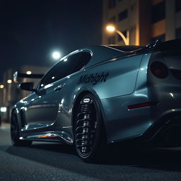 A high-performance car with sleek coilovers, showcasing the Midnight TM brand logo prominently