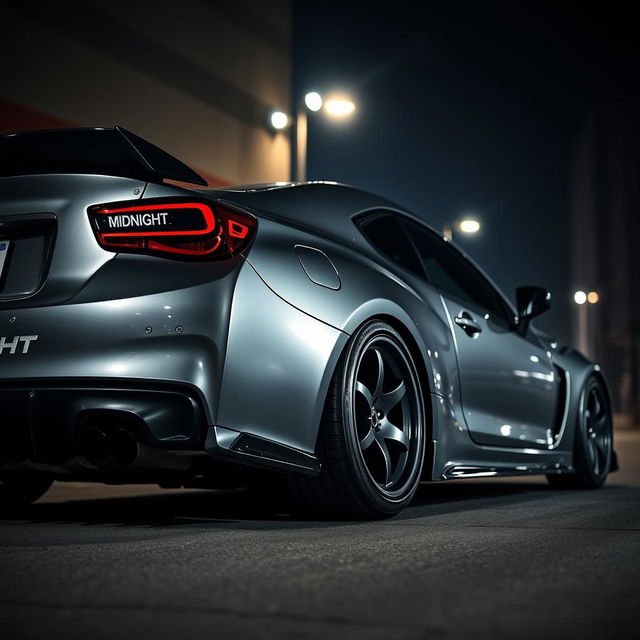 A high-performance car with sleek coilovers, showcasing the Midnight TM brand logo prominently