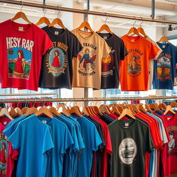 A collection of vibrant and stylish T-shirts displayed on hangers, featuring a variety of designs including cool graphic prints, abstract art, and typography