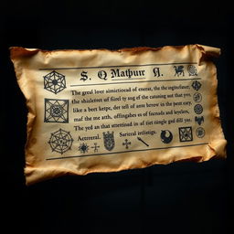 An ancient, aged parchment scroll displayed horizontally, featuring intricate and mysterious symbols along with an esoteric language written in a gothic-style font