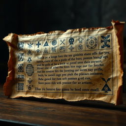 An ancient, aged parchment scroll displayed horizontally, featuring intricate and mysterious symbols along with an esoteric language written in a gothic-style font