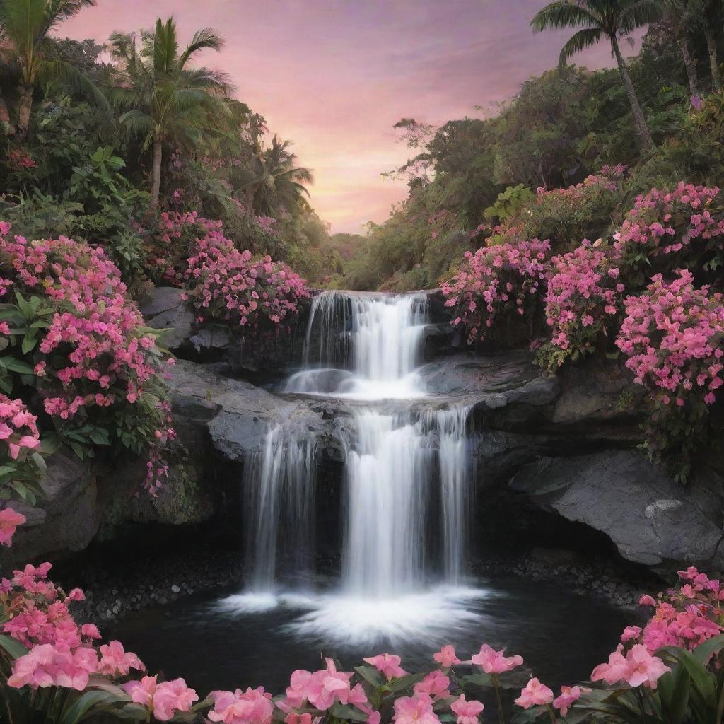 Transform the floral details of the paradise into a plethora of heart shapes, maintaining the landscape's lush black and pink color scheme, tranquil waterfalls, and warm sunset sky.