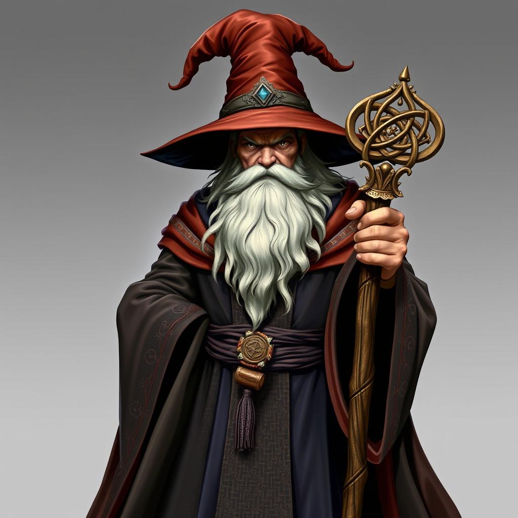 A powerful wizard wearing an elaborate robe and a large wizard's hat, holding a wooden staff with an intricate magical ornament at the top, set against a transparent background