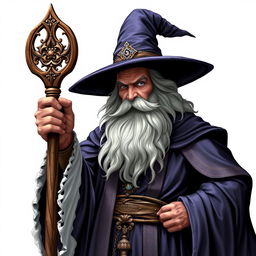 A powerful wizard wearing an elaborate robe and a large wizard's hat, holding a wooden staff with an intricate magical ornament at the top, set against a transparent background