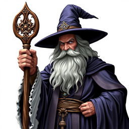 A powerful wizard wearing an elaborate robe and a large wizard's hat, holding a wooden staff with an intricate magical ornament at the top, set against a transparent background