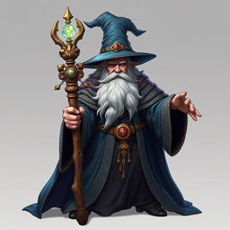 A powerful wizard wearing an elaborate robe and a large wizard's hat, holding a wooden staff with an intricate magical ornament at the top, set against a transparent background