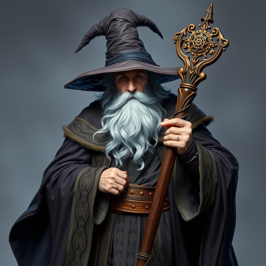 A powerful wizard wearing an elaborate robe and a large wizard's hat, holding a wooden staff with an intricate magical ornament at the top, set against a transparent background