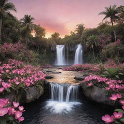 Transform the floral details of the paradise into a plethora of heart shapes, maintaining the landscape's lush black and pink color scheme, tranquil waterfalls, and warm sunset sky.