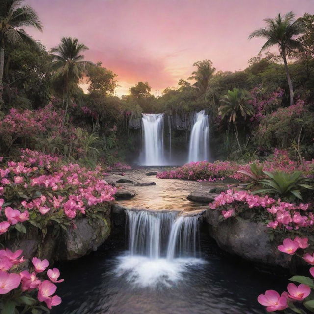 Transform the floral details of the paradise into a plethora of heart shapes, maintaining the landscape's lush black and pink color scheme, tranquil waterfalls, and warm sunset sky.