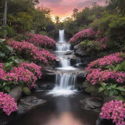 Transform the floral details of the paradise into a plethora of heart shapes, maintaining the landscape's lush black and pink color scheme, tranquil waterfalls, and warm sunset sky.