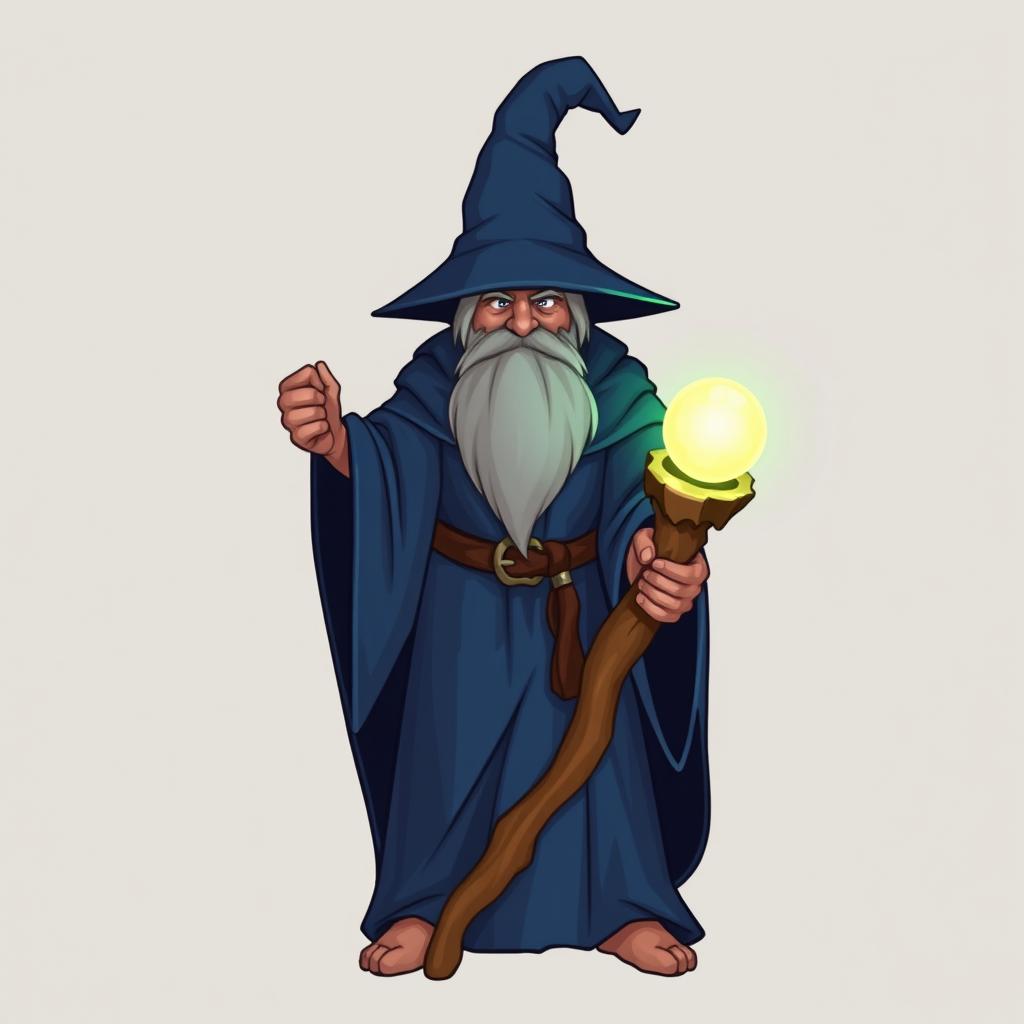 A wizard wearing a blue robe and a pointed hat, holding a carved wooden staff with a glowing round stone at the top, no background