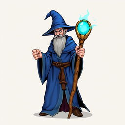 A wizard wearing a blue robe and a pointed hat, holding a carved wooden staff with a glowing round stone at the top, no background