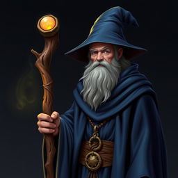 A wizard wearing a blue robe and a pointed hat, holding a carved wooden staff with a glowing round stone at the top, no background