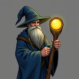 A wizard wearing a blue robe and a pointed hat, holding a carved wooden staff with a glowing round stone at the top, no background