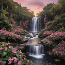 Transform the floral details of the paradise into a plethora of heart shapes, maintaining the landscape's lush black and pink color scheme, tranquil waterfalls, and warm sunset sky.