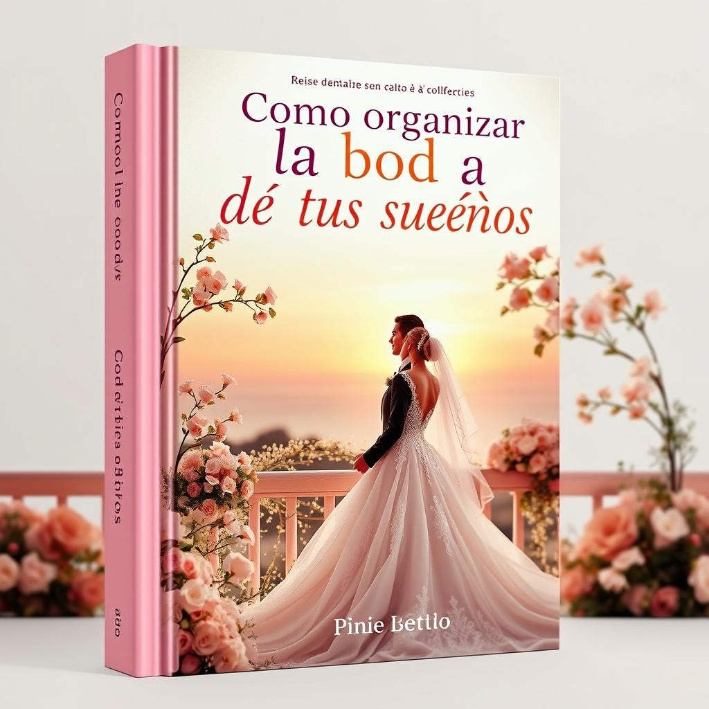 A captivating book cover design for "Como organizar la boda de tus sueños" in a pink and gold color scheme