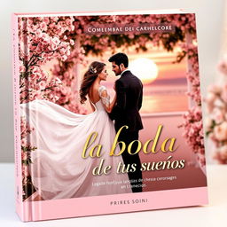 A captivating book cover design for "Como organizar la boda de tus sueños" in a pink and gold color scheme