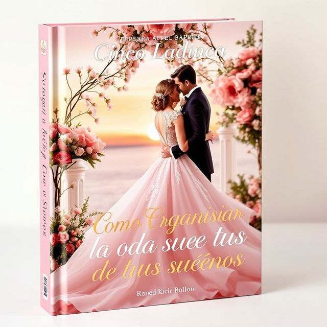 A captivating book cover design for "Como organizar la boda de tus sueños" in a pink and gold color scheme