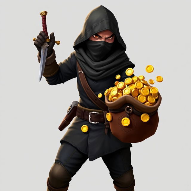 A thief character, posed dynamically with a dagger in one hand and a leather pouch filled with gold coins in the other