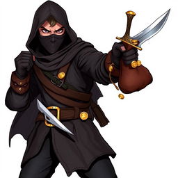 A thief character, posed dynamically with a dagger in one hand and a leather pouch filled with gold coins in the other