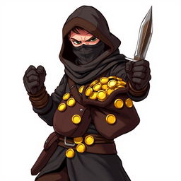 A thief character, posed dynamically with a dagger in one hand and a leather pouch filled with gold coins in the other