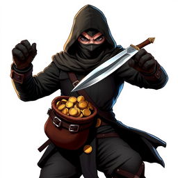 A thief character, posed dynamically with a dagger in one hand and a leather pouch filled with gold coins in the other