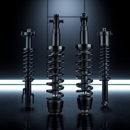 A sleek and high-performance midnight black coilover suspension system displayed against a dark, modern background