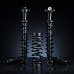 A sleek and high-performance midnight black coilover suspension system displayed against a dark, modern background