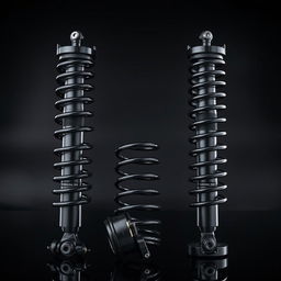 A sleek and high-performance midnight black coilover suspension system displayed against a dark, modern background