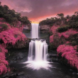 Intensify the saturated pink hues in the heart-filled paradise, making it the dominant color across the landscape, waterfalls, and warm sunset sky, while still maintaining touches of black for contrast.