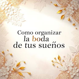 A visually stunning image centered around the title "Como organizar la boda de tus sueños" set in a sophisticated and elegant font