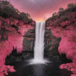 Intensify the saturated pink hues in the heart-filled paradise, making it the dominant color across the landscape, waterfalls, and warm sunset sky, while still maintaining touches of black for contrast.