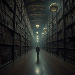 You are walking through a vast, desolate library that appears to stretch infinitely in every direction