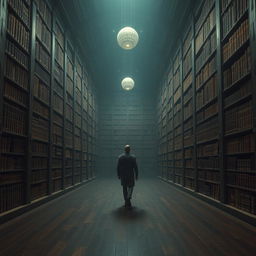 You are walking through a vast, desolate library that appears to stretch infinitely in every direction