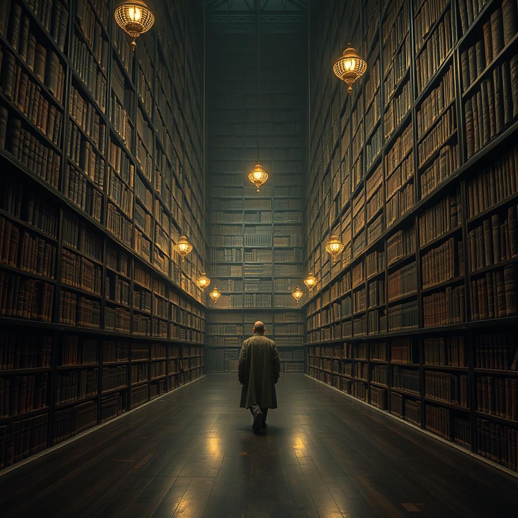 You are walking through a vast, desolate library that appears to stretch infinitely in every direction