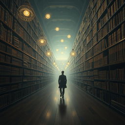 You are walking through a vast, desolate library that appears to stretch infinitely in every direction