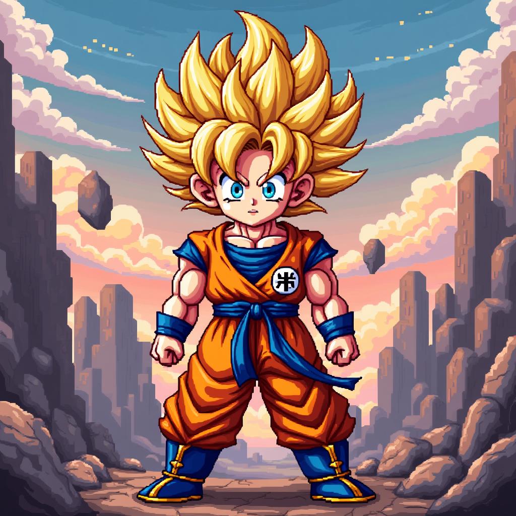 An 8-bit pixel art representation of a character resembling a Super Saiyan, featuring dramatic golden hair and an intense expression