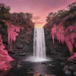 Intensify the saturated pink hues in the heart-filled paradise, making it the dominant color across the landscape, waterfalls, and warm sunset sky, while still maintaining touches of black for contrast.