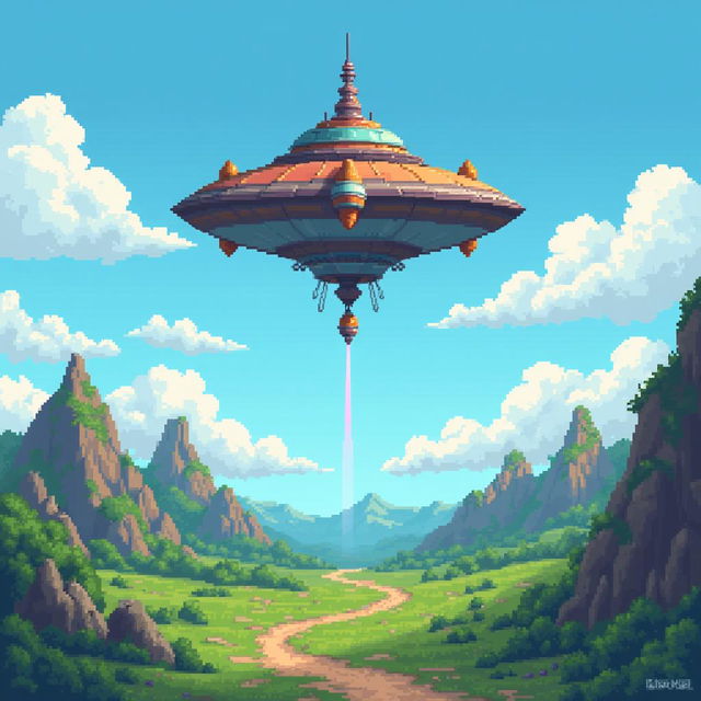 An 8-bit pixel art scene depicting a Saiyan spaceship descending towards Earth