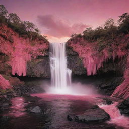 Intensify the saturated pink hues in the heart-filled paradise, making it the dominant color across the landscape, waterfalls, and warm sunset sky, while still maintaining touches of black for contrast.