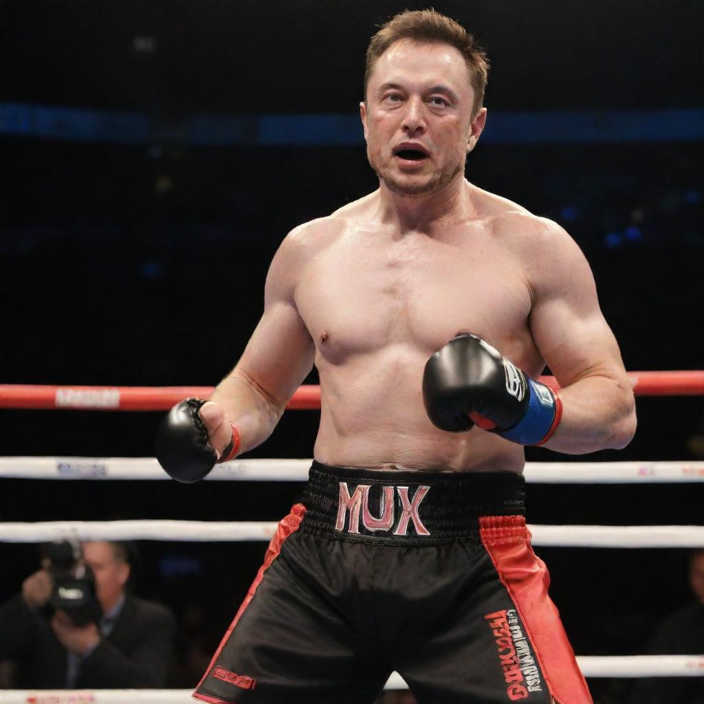 Elon Musk in a mixed martial arts outfit, striking a Muay Thai pose in a professional fighting ring.