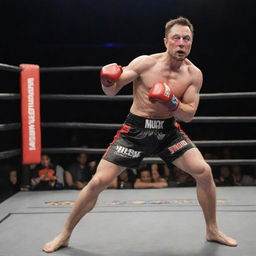 Elon Musk in a mixed martial arts outfit, striking a Muay Thai pose in a professional fighting ring.