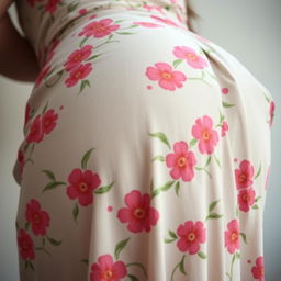 An extreme close-up view of a round, curvy booty bending over while wearing a floral pattern sundress