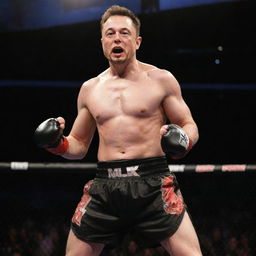 Elon Musk in a mixed martial arts outfit, striking a Muay Thai pose in a professional fighting ring.