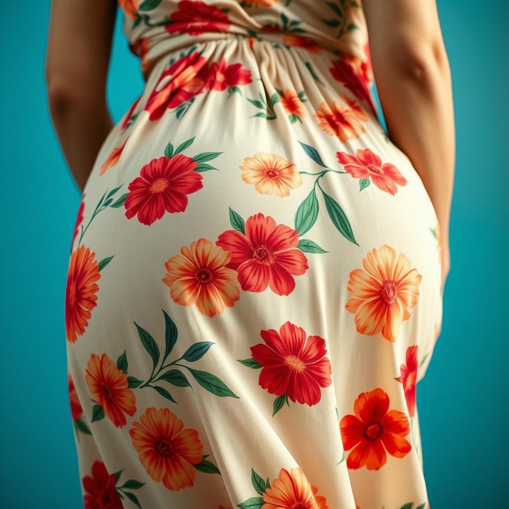 extreme close-up of a round booty clad in a floral pattern sundress, bending over with a defined outline emphasizing the curves