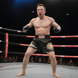 Elon Musk in a mixed martial arts outfit, striking a Muay Thai pose in a professional fighting ring.