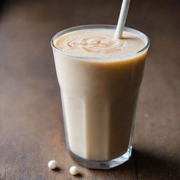 A refreshing glass of milk tea, garnished with pearls, a striped straw, on a rustic wood table with morning light casting a warm glow.