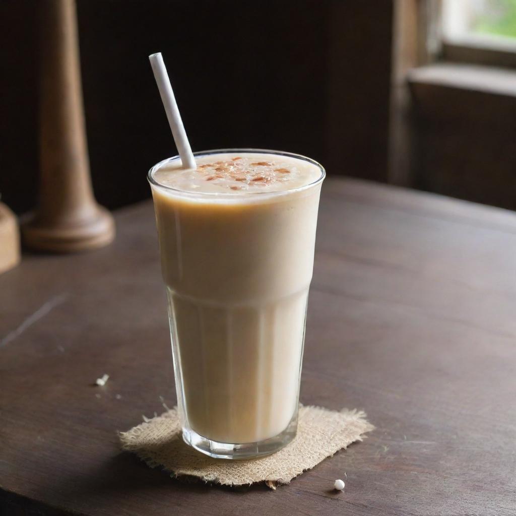 A refreshing glass of milk tea, garnished with pearls, a striped straw, on a rustic wood table with morning light casting a warm glow.